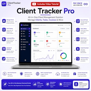 Op de afbeelding: Een laptop die de ClientTracker Pro dashboard-interface weergeeft met diverse datametrieken, grafieken en navigatiemenu's. Het scherm toont klantbeheertools, omzettrends en statusindicatoren. Rondom de laptop staan functiepictogrammen en tekstlabels die de softwaremogelijkheden zoals taakopvolging, facturatie en ondersteuning voor meerdere apparaten beschrijven.