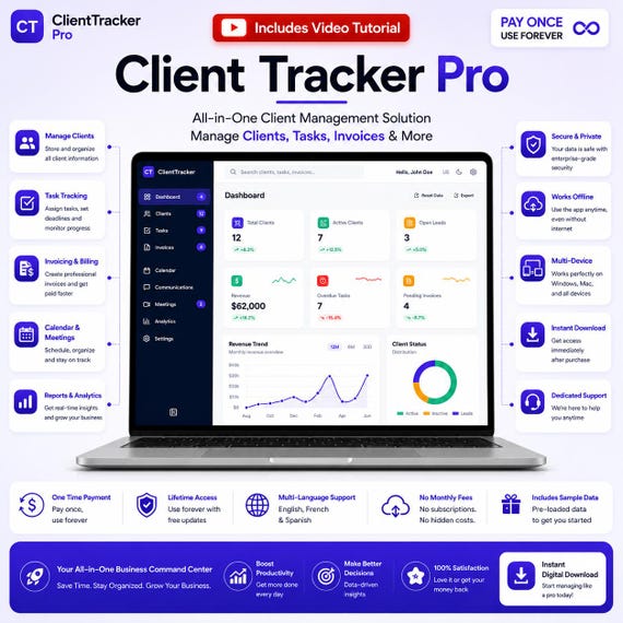 Client Tracker Pro CRM Web App, Small Business Client Management Software, Task & Invoice Tracker, Instant Digital Download