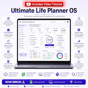 May include: A digital Ultimate Life Planner OS dashboard displayed on a laptop screen, featuring modules for goal tracking, task management, habit building, a focus timer, budget tracking, and a calendar, surrounded by feature icons and text labels.