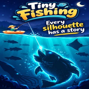May include: A digital illustration titled Tiny Fishing with the text Every silhouette has a story. It depicts a person in a small boat fishing at night, with a glowing hook attracting a large dark fish silhouette underwater among other fish.