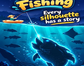 May include: A digital illustration titled Tiny Fishing with the text Every silhouette has a story. It depicts a person in a small boat fishing at night, with a glowing hook attracting a large dark fish silhouette underwater among other fish.