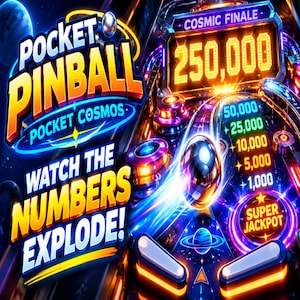 以下が含まれることがあります： Pocket Pinball Pocket Cosmosと題されたデジタルピンボールゲームのインターフェースで、Cosmic Finaleのスコアは250,000です。画面には金属製のボール、光るネオンバンパー、スーパー・ジャックポットのインジケーター、そしてWatch The Numbers Explodeというテキストが表示されています。