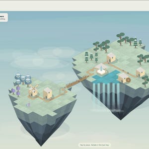May include: A digital interface showing a game with two floating islands connected by a wooden bridge. The islands feature light green terrain, small beige buildings, trees, a waterfall, and a windmill, with a sidebar menu for building options.
