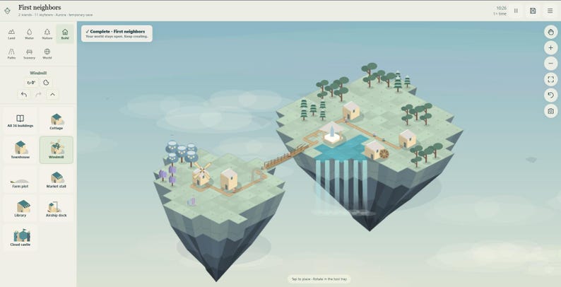 May include: A digital interface showing a game with two floating islands connected by a wooden bridge. The islands feature light green terrain, small beige buildings, trees, a waterfall, and a windmill, with a sidebar menu for building options.