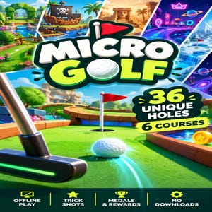 Może przedstawiać: Cyfrowa reklama gry Micro Golf przedstawiająca putter i piłkę golfową na zielonym polu. Tekst głosi Micro Golf, 36 Unique Holes, 6 Courses, Offline Play, Trick Shots, Medals & Rewards oraz No Downloads wraz z kolorowymi scenami w tle.