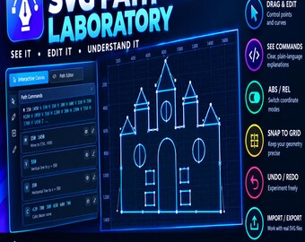 May include: A digital interface titled SVG PATH LABORATORY featuring a blue grid canvas with a castle outline. The layout includes a path command panel, coordinate axes, and a sidebar with icons for drag and edit, see commands, abs/rel, snap to grid, undo/redo, and import/export.
