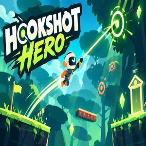 Pode incluir: Uma ilustração digital intitulada Hookshot Hero apresentando um personagem com capacete branco e detalhes laranja balançando em uma floresta verde usando um feixe de luz brilhante. A cena inclui plataformas flutuantes, uma bandeira amarela e um portal de saída.