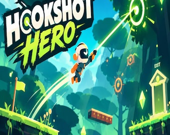 May include: A digital illustration titled Hookshot Hero featuring a character with a white helmet and orange accents swinging through a green forest environment using a glowing light beam. The scene includes floating platforms, a yellow flag, and an exit portal.