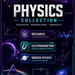 May include: A dark poster titled PHYSICS COLLECTION with the text DISCOVER. UNDERSTAND. INNOVATE. It features three rectangular sections: MECHANICS, ELECTROMAGNETISM, and MODERN PHYSICS, surrounded by scientific diagrams like atoms, waves, and equations.