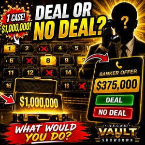 May include: A digital graphic for Deal or No Deal featuring a silhouette of a person on a telephone, numbered gold briefcases, and a banker offer of $375,000. The text reads 1 CASE! $1,000,000!, DEAL OR NO DEAL?, WHAT WOULD YOU DO?, and VEGAS VAULT SHOWDOWN.