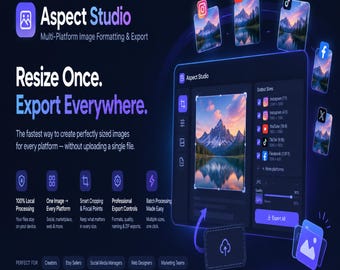 May include: Aspect Studio software interface on a dark background with blue neon accents. The screen displays text: Aspect Studio, Resize Once. Export Everywhere. It shows image editing tools, output size options for social media, and export settings.