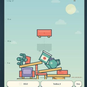 May include: A digital game interface showing a stack of various household objects including a purple chair, a teal teapot, and a paint bucket. A red squishy ottoman is suspended above the pile. The screen displays height, score, and control buttons.