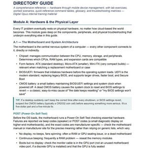 May include: A technical document titled The Extreme Detailed IT Support & Active Directory Guide by Digital Opus Ad Solutions. The page covers Module A: Hardware & the Physical Layer, detailing motherboard architecture, chipsets, BIOS, and POST codes.