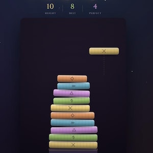 Könnte beinhalten: Eine digitale Spieloberfläche mit dem Titel Cairn Rite: A Rite of Balance and Stone. Der Bildschirm zeigt einen Stapel aus zehn farbigen, texturierten rechteckigen Blöcken mit Symbolen und einen gelben Block mit einem X, der darüber schwebt.