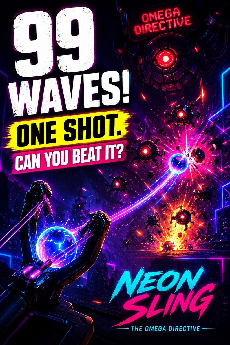 K&ouml;nnte beinhalten: Ein digitales Spielplakat im dunklen Neon-Stil mit einer mechanischen Steinschleuder, die eine leuchtend blaue Energiekugel abfeuert. Der Text lautet 99 WAVES! ONE SHOT. CAN YOU BEAT IT? OMEGA DIRECTIVE und NEON SLING THE OMEGA DIRECTIVE auf dunklem Grund.