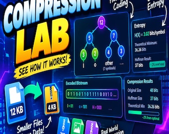 May include: A digital infographic titled Compression Lab featuring a Huffman coding tree diagram, entropy calculations, and an encoded bitstream. It illustrates file compression from 12 KB to 4 KB with icons for ZIP, PNG, and GZIP file formats.