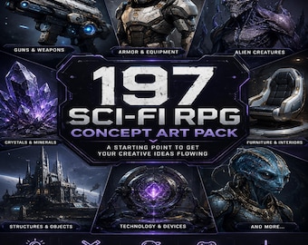 197 Sci-Fi RPG Concept Art Pack | Guns, Armor, Aliens, Furniture, Crystals & Worldbuilding Inspiration