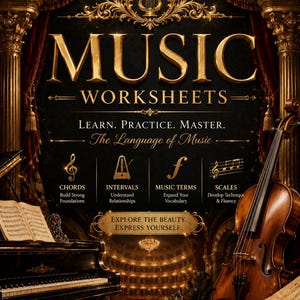 Musikteori-arbetsblad, ackord, skalor, intervaller och musiktermer, utskrivbar PDF, piano, band, kör