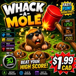 Whack-a-Mole HTML5-spel, responsivt arkadspel för webbläsare, direktnedladdning, JavaScript CSS HTML