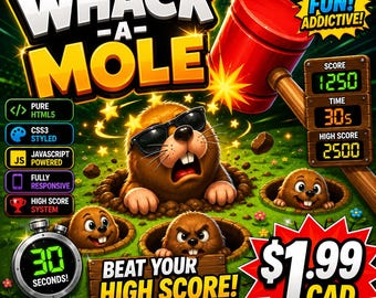 Whack-a-Mole HTML5 Game, Responsive Browser Arcade Game, Instant Download, JavaScript CSS HTML