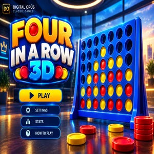 Puede incluir: Una interfaz de juego digital Four in a Row 3D con una rejilla vertical azul y fichas circulares rojas y amarillas. La pantalla muestra el título, un botón Play, Settings, Stats y How to Play, con fichas sueltas sobre la superficie.