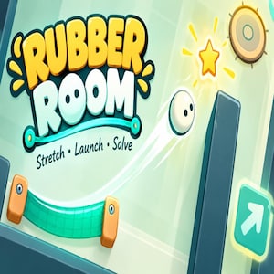 Puede incluir: Una interfaz de juego digital titulada Rubber Room con el subtítulo Stretch, Launch, Solve. La pantalla muestra un título amarillo, una bola blanca en movimiento, una banda elástica turquesa, una estrella amarilla brillante, un obstáculo de madera y un botón de flecha.