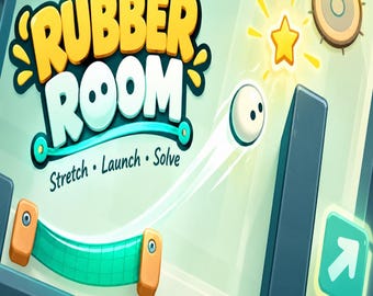 May include: A digital game interface titled Rubber Room with the subtitle Stretch, Launch, Solve. The screen displays a yellow title, a white ball in motion, a teal elastic band, a glowing yellow star, a circular wooden obstacle, and a teal arrow button.