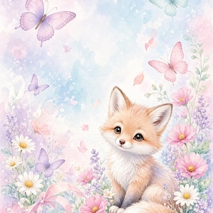 Puede incluir: Una ilustración en acuarela de un pequeño zorro naranja y blanco sentado entre flores rosas y blancas, ramas de lavanda y una cinta rosa claro. Varias mariposas en tonos morados, rosas y azul claro revolotean sobre el suave fondo pastel.