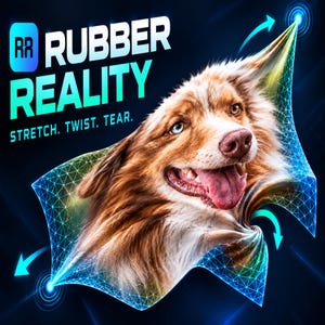 Könnte beinhalten: Ein braun-weißer Hund mit einer rosa Zunge kommt aus einem blauen digitalen Gitter hervor. Der Text "RUBBER REALITY" und "STRETCH. TWIST. TEAR." erscheint in weißer und cyanfarbener Schrift vor einem dunklen Hintergrund mit Lichteffekten.