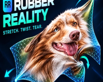 May include: A brown and white dog with a pink tongue is depicted emerging from a blue digital grid. The text "RUBBER REALITY" and "STRETCH. TWIST. TEAR." appears in white and cyan lettering against a dark background with glowing light effects.