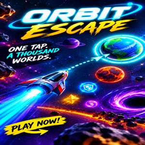 以下が含まれることがあります： ORBIT ESCAPEというタイトルのデジタルゲーム広告。ONE TAP. A THOUSAND WORLDS.およびPLAY NOW!というテキストが表示されています。白と赤の宇宙船が、輝く地球、紫色の惑星、小惑星の横を宇宙空間で飛行している様子が描かれています。