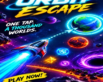 May include: A digital game advertisement titled ORBIT ESCAPE with the text ONE TAP. A THOUSAND WORLDS. and PLAY NOW!. The graphic features a white and red spaceship flying through space past a glowing Earth, a purple planet, and asteroids.
