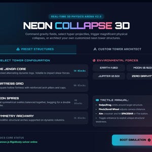 Neon Collapse – 3D Physics Demolition Game, HTML5 Source Code, Three.js & JavaScript Browser Game, WebGL Project