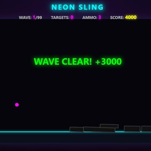 K&ouml;nnte beinhalten: Eine digitale Spieloberfl&auml;che mit dem Titel NEON SLING auf schwarzem Hintergrund. Oben stehen WAVE: 1/99, TARGETS: 0, AMMO: 3 und SCORE: 4000. In der Mitte steht der gr&uuml;ne Text WAVE CLEAR! +3000. Ein kleiner pinker Punkt und dunkle Bl&ouml;cke sind zu sehen.