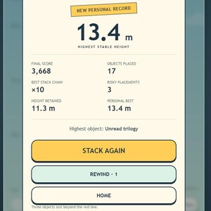 May include: A mobile game summary screen titled DOWN, BUT NOT OUT displaying a new personal record of 13.4 m. The interface includes statistics for final score 3,668, 17 objects placed, a best stack chain of 10, and 3 risky placements.