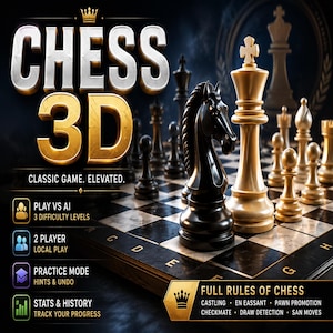 Könnte beinhalten: Eine digitale Anzeige für Chess 3D mit einem schwarzen Springer und einem weißen König auf einem Marmor-Schachbrett. Der Text umfasst CHESS 3D, CLASSIC GAME. ELEVATED., PLAY VS AI, 2 PLAYER, PRACTICE MODE, STATS & HISTORY und FULL RULES OF CHESS.