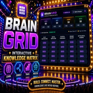 May include: A digital game interface titled BRAIN GRID INTERACTIVE KNOWLEDGE MATRIX featuring a neon-lit game board with categories like Sci-Fi Architecture and Mythological Schemas, plus buttons labelled Learn, Connect, Track, and Master.