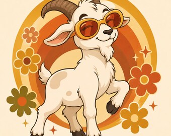 Groovy 70s Goat Cartoon with Sunglasses, Retro Flower Art