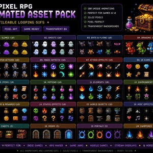 Meer dan 100 retro geanimeerde pixel RPG-elementen, RPG-tegelsets, monsters, UI, iconen en magische effecten.