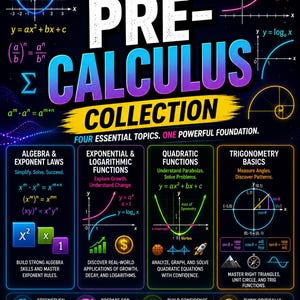 May include: A black educational poster titled PRE-CALCULUS COLLECTION with neon-coloured mathematical graphs, formulas, and text. It features four sections: Algebra & Exponent Laws, Exponential & Logarithmic Functions, Quadratic Functions, and Trigonometry Basics.