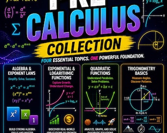 Pre-Calculus Worksheets Bundle, Algebra, Exponents, Quadratics, Trigonometry & Logarithmic Functions,  High School Math, Digital Download