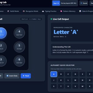 May include: A digital Braille Cell Learning Lab interface on a dark background. It features an interactive six-dot grid, a live cell output displaying Letter A, and an alphabet quick selector. The layout includes navigation tabs and control buttons.