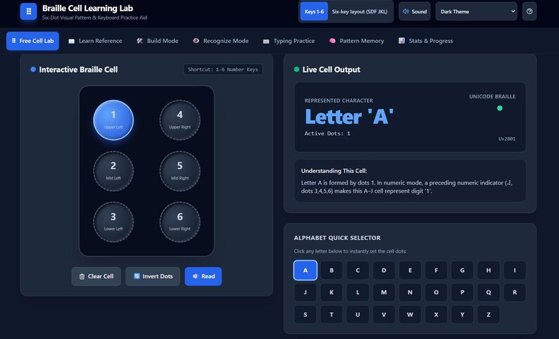 May include: A digital Braille Cell Learning Lab interface on a dark background. It features an interactive six-dot grid, a live cell output displaying Letter A, and an alphabet quick selector. The layout includes navigation tabs and control buttons.