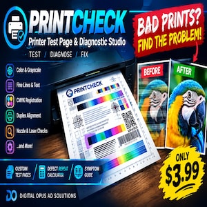 Peut inclure: Une page de test d'imprimante et studio de diagnostic intitulée PRINTCHECK, avec des graphiques en couleur et en niveaux de gris, des lignes fines, du texte, un enregistrement CMJN, un alignement recto verso et des vérifications de buses.