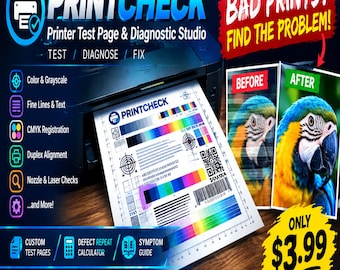 May include: A printer test page and diagnostic studio titled PRINTCHECK, featuring color and grayscale charts, fine lines, text, CMYK registration, duplex alignment, and nozzle checks. Includes a before and after image of a parrot.