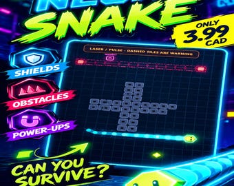 May include: A digital game interface titled Neon Snake featuring a glowing cyan snake on a dark grid. The screen displays game elements labeled Shields, Obstacles, and Power-ups, with the text Laser/Pulse - Dashed Tiles Are Warning and Can You Survive? visible against a vibrant, neon-colored background.