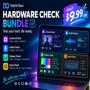 May include: A Digital Opus Hardware Check Bundle software interface displayed on a laptop screen. The screen shows four diagnostic panels for camera, audio, display, and input testing with various technical metrics, icons, and color-coded status bars.