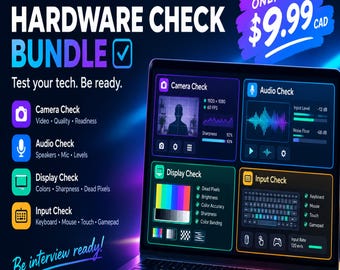 May include: A Digital Opus Hardware Check Bundle software interface displayed on a laptop screen. The screen shows four diagnostic panels for camera, audio, display, and input testing with various technical metrics, icons, and color-coded status bars.