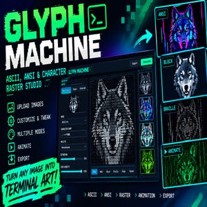 Pode incluir: A interface do software Glyph Machine exibe ferramentas de estúdio raster para caracteres ASCII, ANSI e outros. A tela apresenta um retrato central de lobo em caracteres ASCII, com painéis laterais mostrando variantes em ANSI, bloco e braille.
