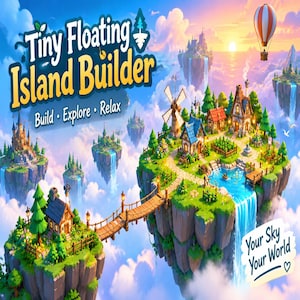 Puede incluir: Una ilustración digital titulada Tiny Floating Island Builder que muestra un paisaje de islas verdes suspendidas en un cielo azul con nubes. La escena incluye casas, un molino de viento, una cascada, un puente de cuerda y un globo aerostático.